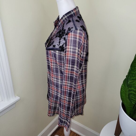 Free People Floral Lace Insert Plaid Cotton Top Long Sleeve Women's Size S - Picture 3 of 13